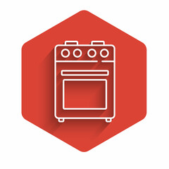 White line Oven icon isolated with long shadow. Stove gas oven sign. Red hexagon button. Vector