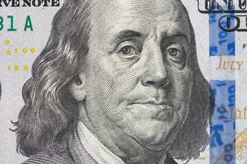 100 Dolar banknote USA close up. Franklin macro. One hundred American dollars.