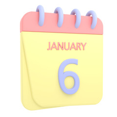 6th January 3D calendar icon. Web style. High resolution image. White background