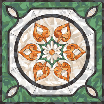 Ceiling panels stained glass window. Abstract Flower, swirls and leaves in square frame, geometric ornament, symmetric composition, tiffany technique, classic style. Vector