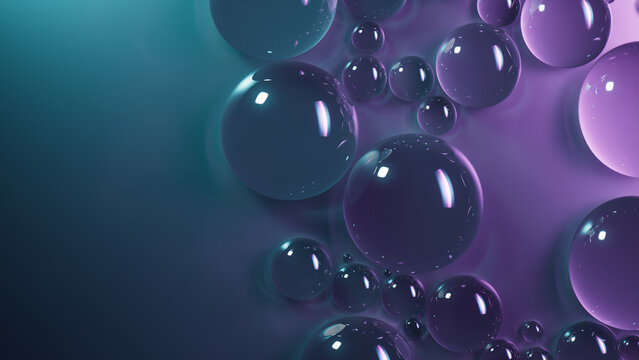 Teal and Violet Background with Liquid Droplets on Surface. Macro Banner with Copy-Space.