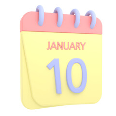 10th January 3D calendar icon. Web style. High resolution image. White background