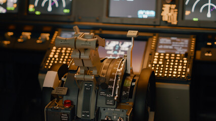 No people in empty aviation cabin with engine lever on dashboard and control panel command....