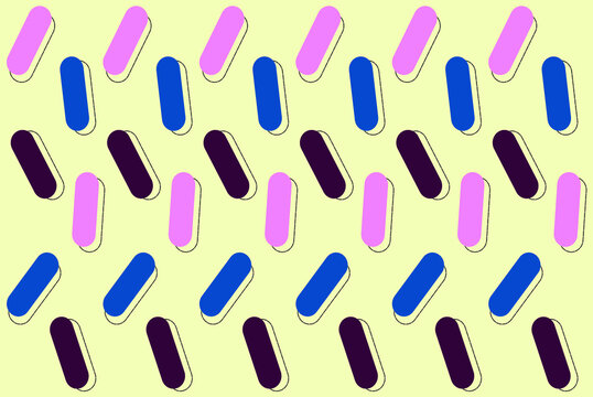 Colorful capsule shapes abstract background with pastel colors, pink blue purple background, colored geometric pattern white backdrop