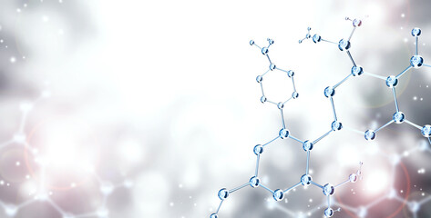 Horizontal banner with model of abstract molecular structure. Background of gray color with atom and sparks