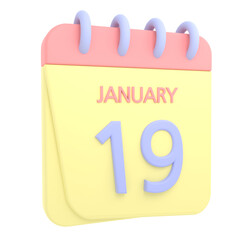 19th January 3D calendar icon. Web style. High resolution image. White background
