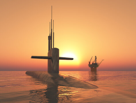 Modernes Unterseeboot und Bohrinsel im offenen Meer bei Sonnenuntergang