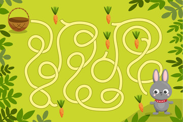 Children's maze. Help the little rabbit to collect all the carrots and put them in a basket. Labyrinth and game with bunny. Colorful vector illustrations for children books in simple cartoon style