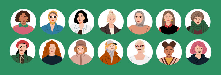 Collection of portraits of various women. A set of user profiles. Round icons with various female characters. Vector hand drawn illustration in flat cartoon style. Isolated on white background.