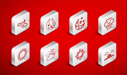 Set line Sunset, Moon and stars, Cloud with rain, moon, and icon. Vector