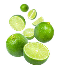 Lime with cut half sliced flying in the air isolated on white background.