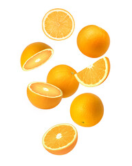 Orange fruit with cut half sliced flying in the air isolated on white background.