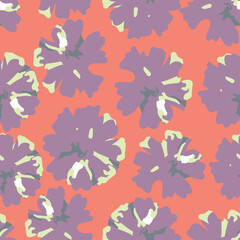 seamless abstract hand drawn  violet flowers pattern on pink background , greeting card or fabric