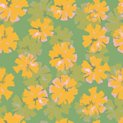 seamless abstract hand drawn flowers pattern on green background , greeting card or fabric