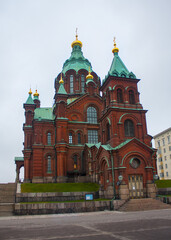Fototapeta na wymiar Uspenski Orthodox Cathedral in the Old Town in Helsinki, Finland 