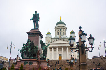 Helsinki cathedral and statue of Emperor Alexander II on the Senate Square in Helsinki