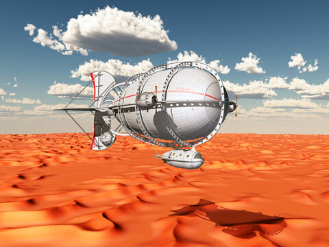 Fantasie Luftschiff über einer Sandwüste