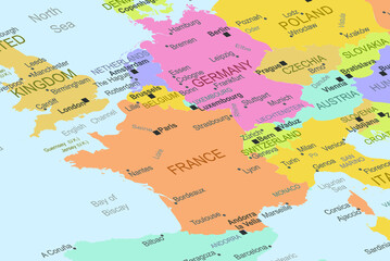 Obraz premium France in the middle of europe map, close up France, travel idea, destination, vacation concept, colorful map