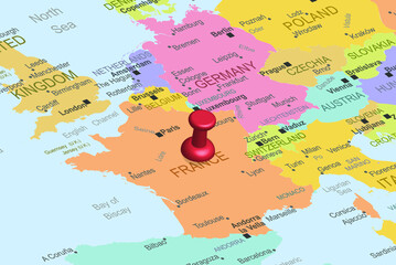 France with red fastener pushpin on europe map, close up France, travel idea, colorful map with location icon, vacation concept