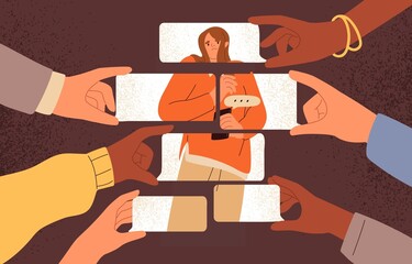 Person dependent on opinion, judge of people, negative comment in social media. Woman depending on criticism. Online influence, assault, digital bullying, psychology concept. Flat vector illustration