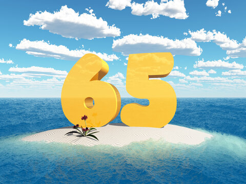 Die Zahl 65 auf einer Insel im Meer