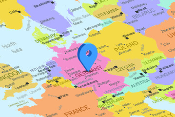 Obraz premium Germany with blue placeholder pin on europe map, close up Germany, colorful map with location icon, travel idea, vacation concept