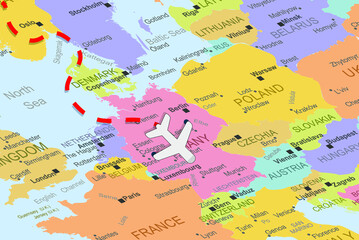 Germany with plane and dashed line on europe map, close up Germany, vacation concept, fly destination, travel idea, colorful map with plane icon