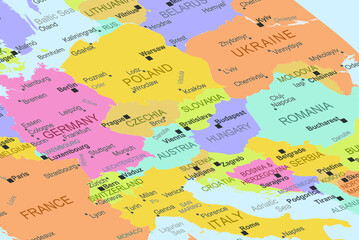 Austria in the middle of europe map, close up Austria, travel idea, destination, vacation concept, colorful map