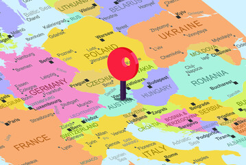 Austria with red location placeholder on europe map, close up Austria, colorful map with location icon, travel idea, vacation concept