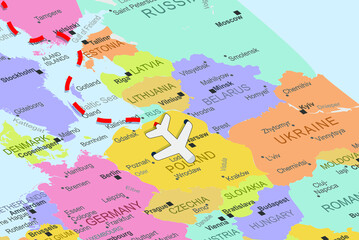 Poland with plane and dashed line on europe map, close up Poland, vacation concept, fly destination, travel idea, colorful map with plane icon