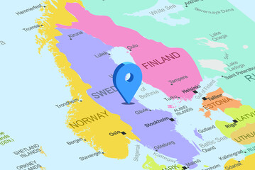 Sweden with blue placeholder pin on europe map, close up Sweden, colorful map with location icon, travel idea, vacation concept