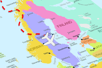 Sweden with plane and dashed line on europe map, close up Sweden, vacation concept, fly destination, travel idea, colorful map with plane icon