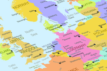Netherlands in the middle of europe map, close up Netherlands, travel idea, destination, vacation concept, colorful map