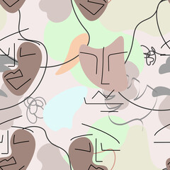 One line drawing. Abstract face seamless pattern.