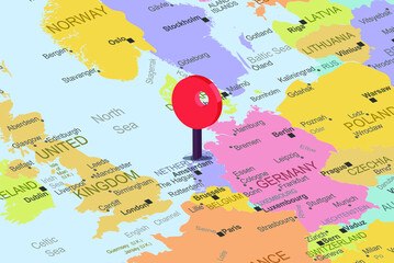Netherlands with red location placeholder on europe map, close up Netherlands, colorful map with location icon, travel idea, vacation concept