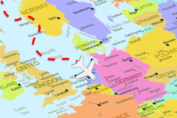 Netherlands with plane and dashed line on europe map, close up Netherlands, vacation concept, fly destination, travel idea, colorful map with plane icon