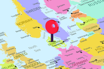 Denmark with red location placeholder on europe map, close up Denmark, colorful map with location icon, travel idea, vacation concept