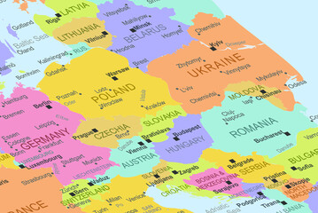 Obraz premium Slovakia in the middle of europe map, close up Slovakia, travel idea, destination, vacation concept, colorful map