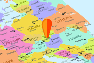Slovakia with orange placeholder pin on europe map, close up Slovakia, vacation concept, travel idea, colorful map with location icon