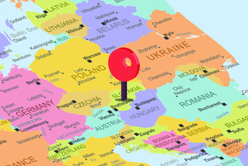 Slovakia with red location placeholder on europe map, close up Slovakia, colorful map with location icon, travel idea, vacation concept