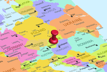 Slovakia with red fastener pushpin on europe map, close up Slovakia, travel idea, colorful map with location icon, vacation concept