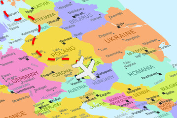 Slovakia with plane and dashed line on europe map, close up Slovakia, vacation concept, fly destination, travel idea, colorful map with plane icon