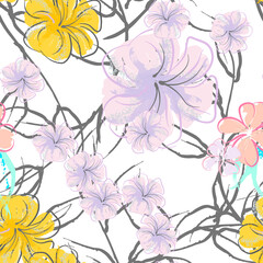 Pink Flowers Blooming Pattern. Pastel Watercolor.