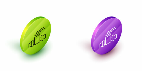 Isometric line Industry metallic pipes and valve icon isolated on white background. Green and purple circle buttons. Vector