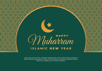 Islamic new year, happy muharram festival greeting card background. With golden text lettering, crescent, star and golden islamic ornament on green background.