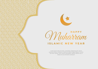 Islamic new year, happy muharram festival greeting card background. With golden text lettering, crescent, star and golden islamic ornament on grey background.