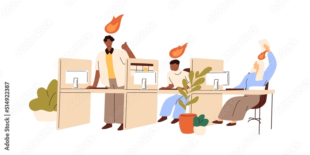 Poster Office workers work hard with enthusiasm. Motivated busy energetic employees team working with burning fire. Good efficient teamwork concept. Flat vector illustration isolated on white background