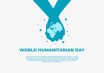 Happy world humanitarian international day banner poster with blue globe and hand hold hand, love symbol on white background.