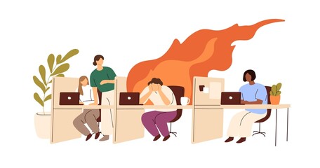 Burnout at work, psychology concept. Busy overworked office worker in stress, career crisis. Exhausted tired overloaded employee burning in fire. Flat vector illustration isolated on white background