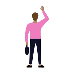 Man in casual clothes vector illustration. Men standing, waving, watching concert or show from behind isolated on white